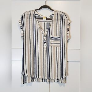 C & C California Linen Vertically Striped   Top Cap Sleeves Large Blue White